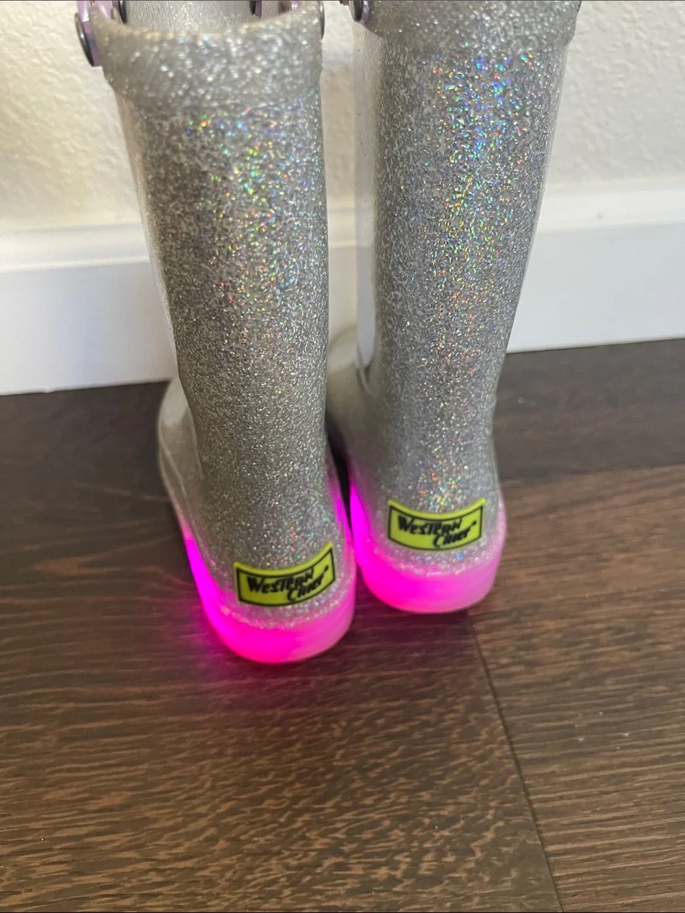 Western Chief Silver Glitter Kids Rain Boots with Pink Pull Tabs size 9 toddler